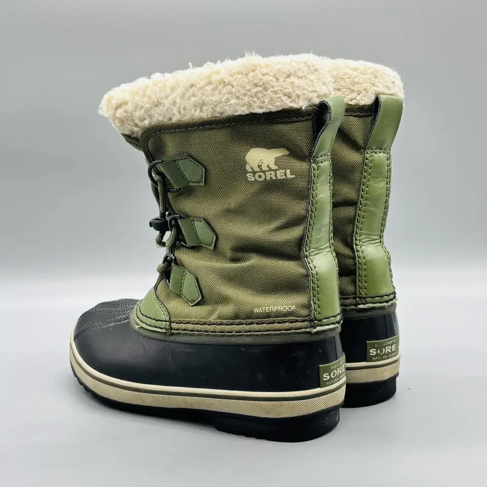 Sorel Boots Kids Boys 1 Green Black Nylon Yoot Pac Waterproof Insulated Faux Fur